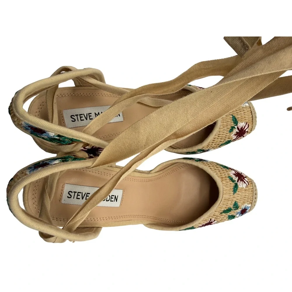 Steve Madden Vero Espadrille Wedges Womens 8.5M Tan New Floral Embroidery